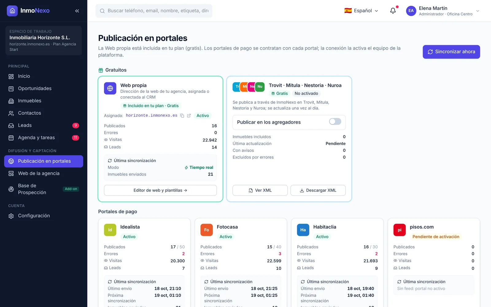 Pantalla de publicación en portales de InmoNexo con web propia, Trovit y portales de pago